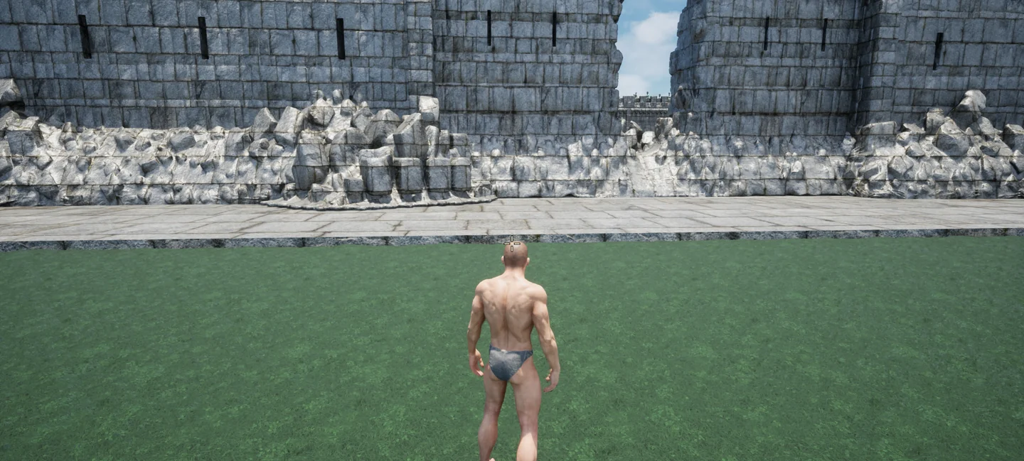 A third-person character outside Crownfall's stone castle